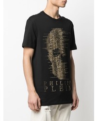 schwarzes und goldenes bedrucktes T-Shirt mit einem Rundhalsausschnitt von Philipp Plein