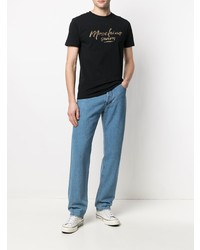 schwarzes und goldenes bedrucktes T-Shirt mit einem Rundhalsausschnitt von Moschino