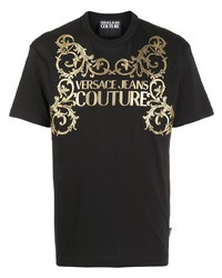 schwarzes und goldenes bedrucktes T-Shirt mit einem Rundhalsausschnitt von VERSACE JEANS COUTURE