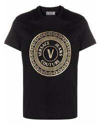 schwarzes und goldenes bedrucktes T-Shirt mit einem Rundhalsausschnitt von VERSACE JEANS COUTURE