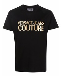 schwarzes und goldenes bedrucktes T-Shirt mit einem Rundhalsausschnitt von VERSACE JEANS COUTURE