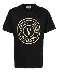 schwarzes und goldenes bedrucktes T-Shirt mit einem Rundhalsausschnitt von VERSACE JEANS COUTURE