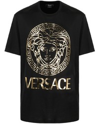 schwarzes und goldenes bedrucktes T-Shirt mit einem Rundhalsausschnitt von Versace