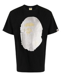 schwarzes und silbernes bedrucktes T-Shirt mit einem Rundhalsausschnitt von A Bathing Ape