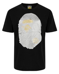 schwarzes und silbernes bedrucktes T-Shirt mit einem Rundhalsausschnitt von A Bathing Ape