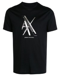 schwarzes und silbernes bedrucktes T-Shirt mit einem Rundhalsausschnitt von Armani Exchange