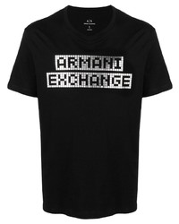 schwarzes und silbernes bedrucktes T-Shirt mit einem Rundhalsausschnitt von Armani Exchange