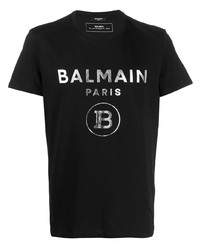 schwarzes und silbernes bedrucktes T-Shirt mit einem Rundhalsausschnitt von Balmain