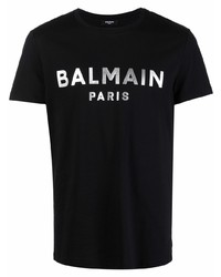 schwarzes und silbernes bedrucktes T-Shirt mit einem Rundhalsausschnitt von Balmain