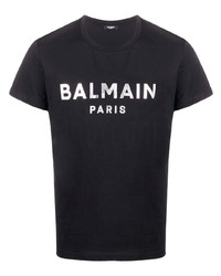 schwarzes und silbernes bedrucktes T-Shirt mit einem Rundhalsausschnitt von Balmain