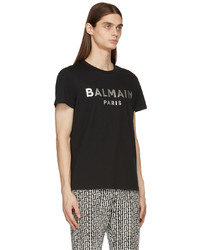 schwarzes und silbernes bedrucktes T-Shirt mit einem Rundhalsausschnitt von Balmain