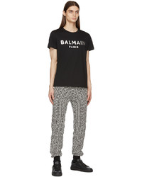 schwarzes und silbernes bedrucktes T-Shirt mit einem Rundhalsausschnitt von Balmain