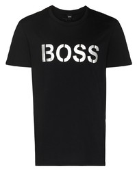 schwarzes und silbernes bedrucktes T-Shirt mit einem Rundhalsausschnitt von BOSS