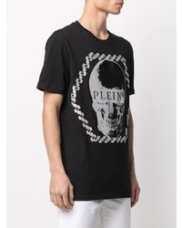 schwarzes und silbernes bedrucktes T-Shirt mit einem Rundhalsausschnitt von Philipp Plein