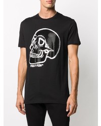 schwarzes und silbernes bedrucktes T-Shirt mit einem Rundhalsausschnitt von Philipp Plein