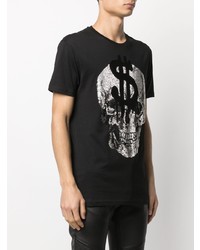 schwarzes und silbernes bedrucktes T-Shirt mit einem Rundhalsausschnitt von Philipp Plein