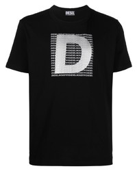 schwarzes und silbernes bedrucktes T-Shirt mit einem Rundhalsausschnitt von Diesel