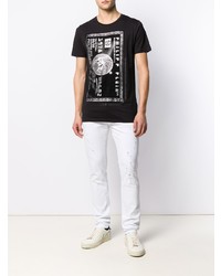 schwarzes und silbernes bedrucktes T-Shirt mit einem Rundhalsausschnitt von Philipp Plein