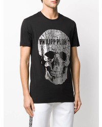 schwarzes und silbernes bedrucktes T-Shirt mit einem Rundhalsausschnitt von Philipp Plein