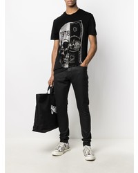 schwarzes und silbernes bedrucktes T-Shirt mit einem Rundhalsausschnitt von Philipp Plein