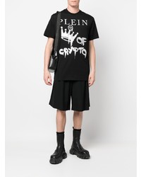 schwarzes und silbernes bedrucktes T-Shirt mit einem Rundhalsausschnitt von Philipp Plein