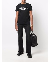 schwarzes und silbernes bedrucktes T-Shirt mit einem Rundhalsausschnitt von Balmain