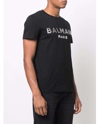 schwarzes und silbernes bedrucktes T-Shirt mit einem Rundhalsausschnitt von Balmain