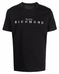 schwarzes und silbernes bedrucktes T-Shirt mit einem Rundhalsausschnitt von John Richmond