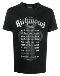 schwarzes und silbernes bedrucktes T-Shirt mit einem Rundhalsausschnitt von John Richmond