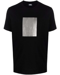 schwarzes und silbernes bedrucktes T-Shirt mit einem Rundhalsausschnitt von Karl Lagerfeld