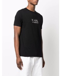 schwarzes und silbernes bedrucktes T-Shirt mit einem Rundhalsausschnitt von Karl Lagerfeld