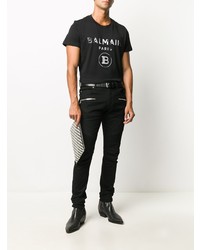 schwarzes und silbernes bedrucktes T-Shirt mit einem Rundhalsausschnitt von Balmain