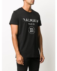 schwarzes und silbernes bedrucktes T-Shirt mit einem Rundhalsausschnitt von Balmain