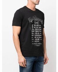 schwarzes und silbernes bedrucktes T-Shirt mit einem Rundhalsausschnitt von John Richmond