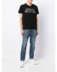 schwarzes und silbernes bedrucktes T-Shirt mit einem Rundhalsausschnitt von Armani Exchange