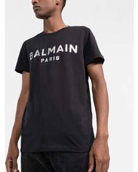 schwarzes und silbernes bedrucktes T-Shirt mit einem Rundhalsausschnitt von Balmain