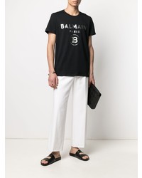 schwarzes und silbernes bedrucktes T-Shirt mit einem Rundhalsausschnitt von Balmain