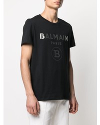 schwarzes und silbernes bedrucktes T-Shirt mit einem Rundhalsausschnitt von Balmain