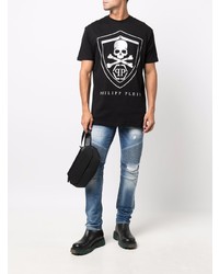 schwarzes und silbernes bedrucktes T-Shirt mit einem Rundhalsausschnitt von Philipp Plein