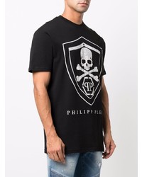 schwarzes und silbernes bedrucktes T-Shirt mit einem Rundhalsausschnitt von Philipp Plein