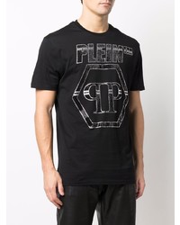 schwarzes und silbernes bedrucktes T-Shirt mit einem Rundhalsausschnitt von Philipp Plein