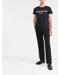 schwarzes und silbernes bedrucktes T-Shirt mit einem Rundhalsausschnitt von Balmain