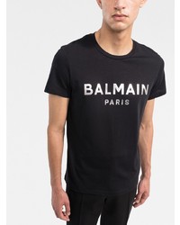 schwarzes und silbernes bedrucktes T-Shirt mit einem Rundhalsausschnitt von Balmain