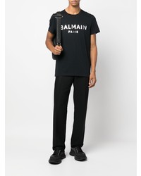 schwarzes und silbernes bedrucktes T-Shirt mit einem Rundhalsausschnitt von Balmain