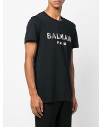 schwarzes und silbernes bedrucktes T-Shirt mit einem Rundhalsausschnitt von Balmain