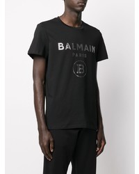 schwarzes und silbernes bedrucktes T-Shirt mit einem Rundhalsausschnitt von Balmain