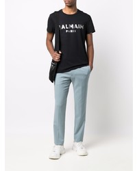 schwarzes und silbernes bedrucktes T-Shirt mit einem Rundhalsausschnitt von Balmain