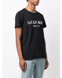 schwarzes und silbernes bedrucktes T-Shirt mit einem Rundhalsausschnitt von Balmain