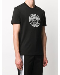 schwarzes und silbernes bedrucktes T-Shirt mit einem Rundhalsausschnitt von Versace