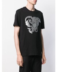 schwarzes und silbernes bedrucktes T-Shirt mit einem Rundhalsausschnitt von Versace Collection